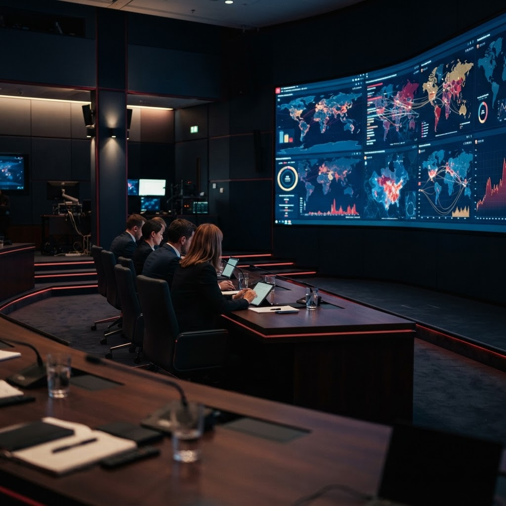 A strategic operations room with risk-analysis displays, illustrating the atmosphere of the METRICS congress